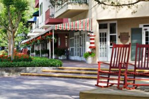 Shops and rocking chairs at Harbour Town in Hilton Head.