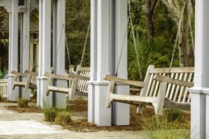 Wooden bench swings at Coligny Beach in Hilton Head.