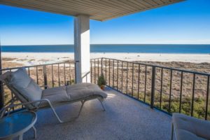 The patio of a Hilton Head vacation rental with beautiful views of the beach.